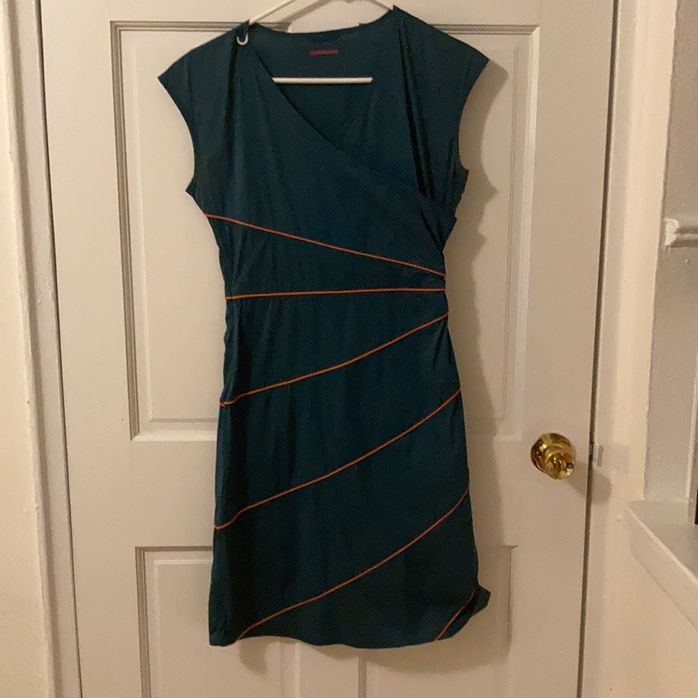 Skunkfunk cotton lightweight and sporty green dress with orange stripes.